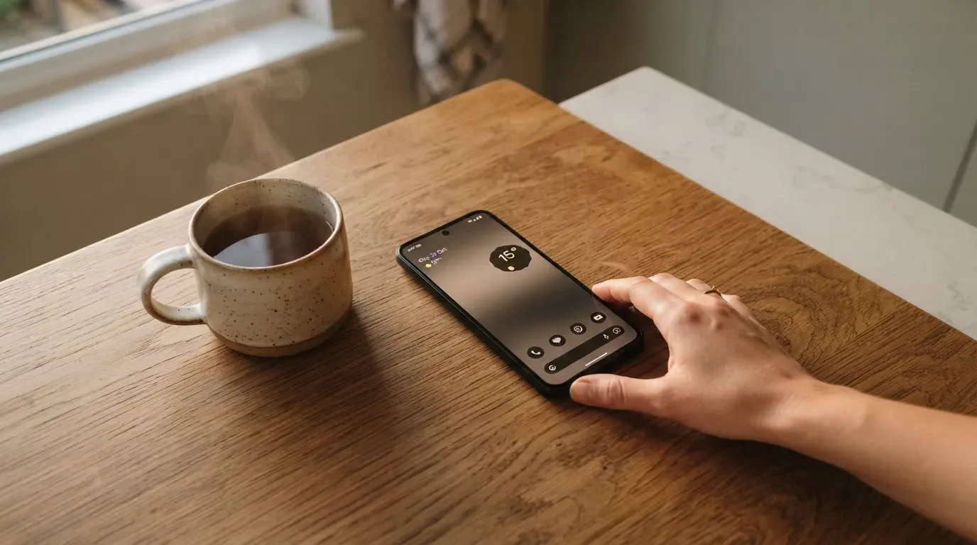 A hand setting a smartphone down beside a cup of tea on a kitchen table on a quiet evening