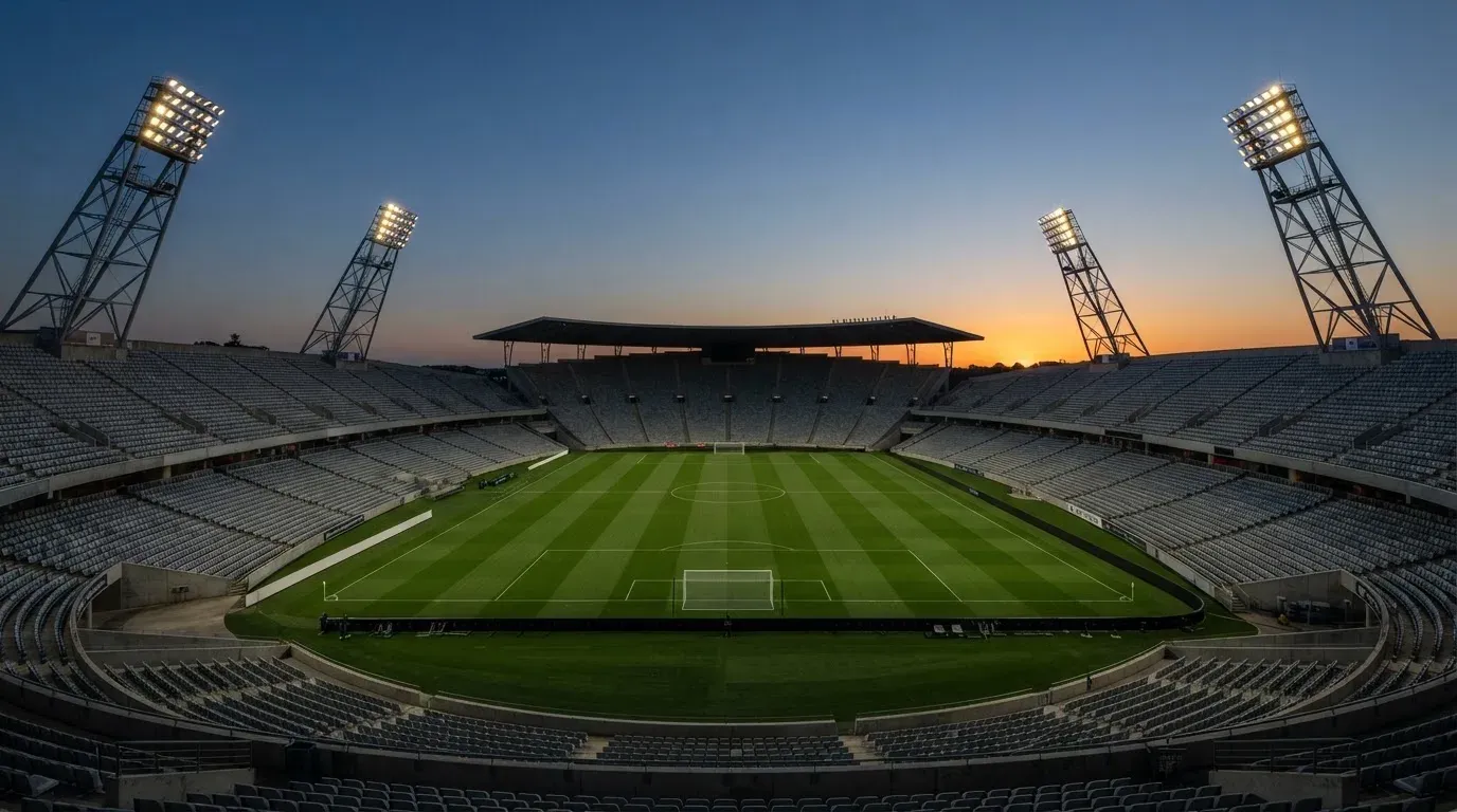 An empty football stadium with floodlight masts at dusk