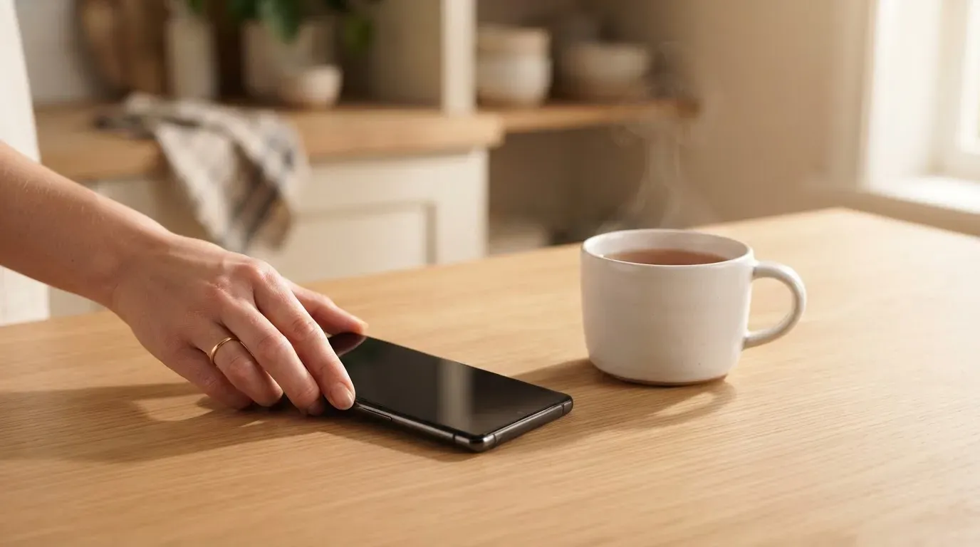 A hand setting a smartphone down beside a cup of tea on a kitchen table on a quiet evening