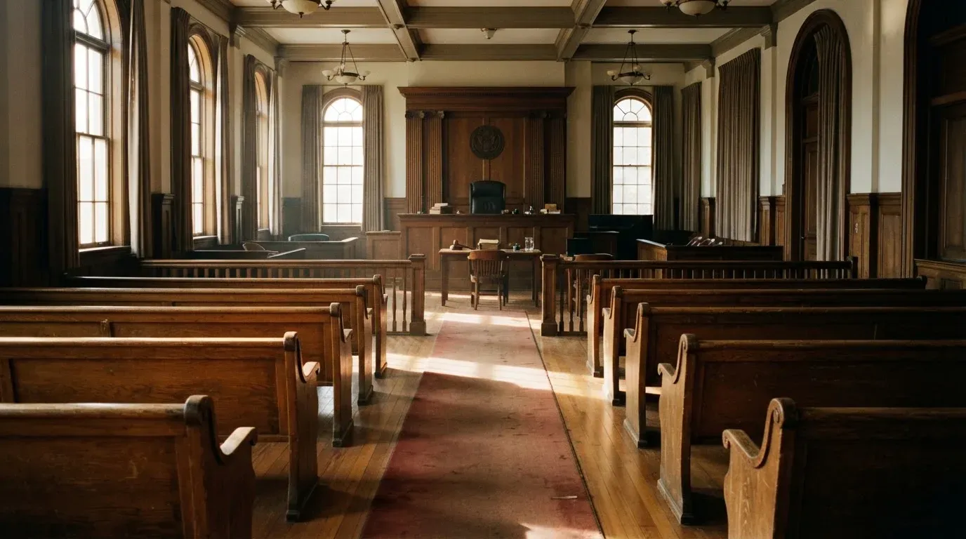 An empty courtroom with wooden benches in morning light