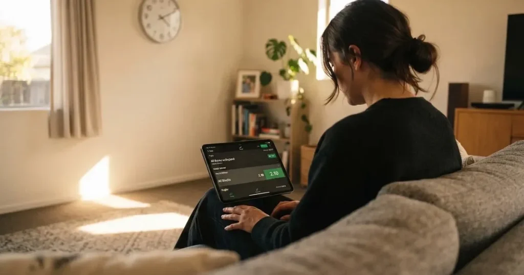 A person on a sofa looking thoughtfully at a tablet, a wall clock in the background