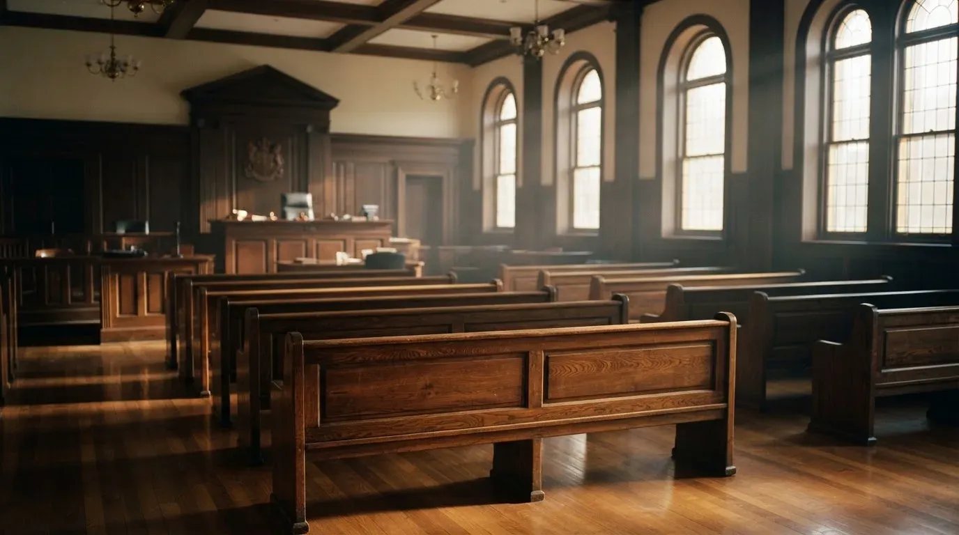 An empty courtroom with wooden benches in morning light