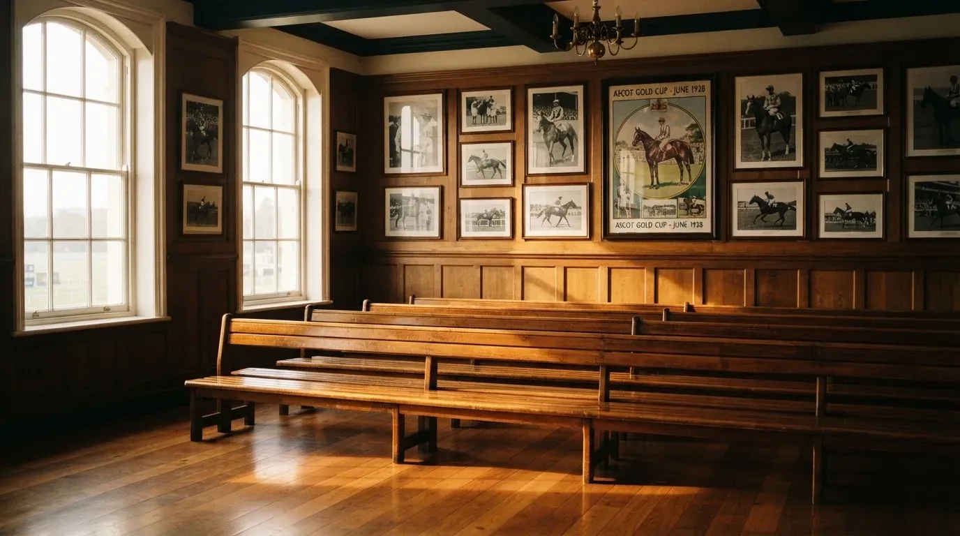 An empty courtroom with wooden benches in morning light