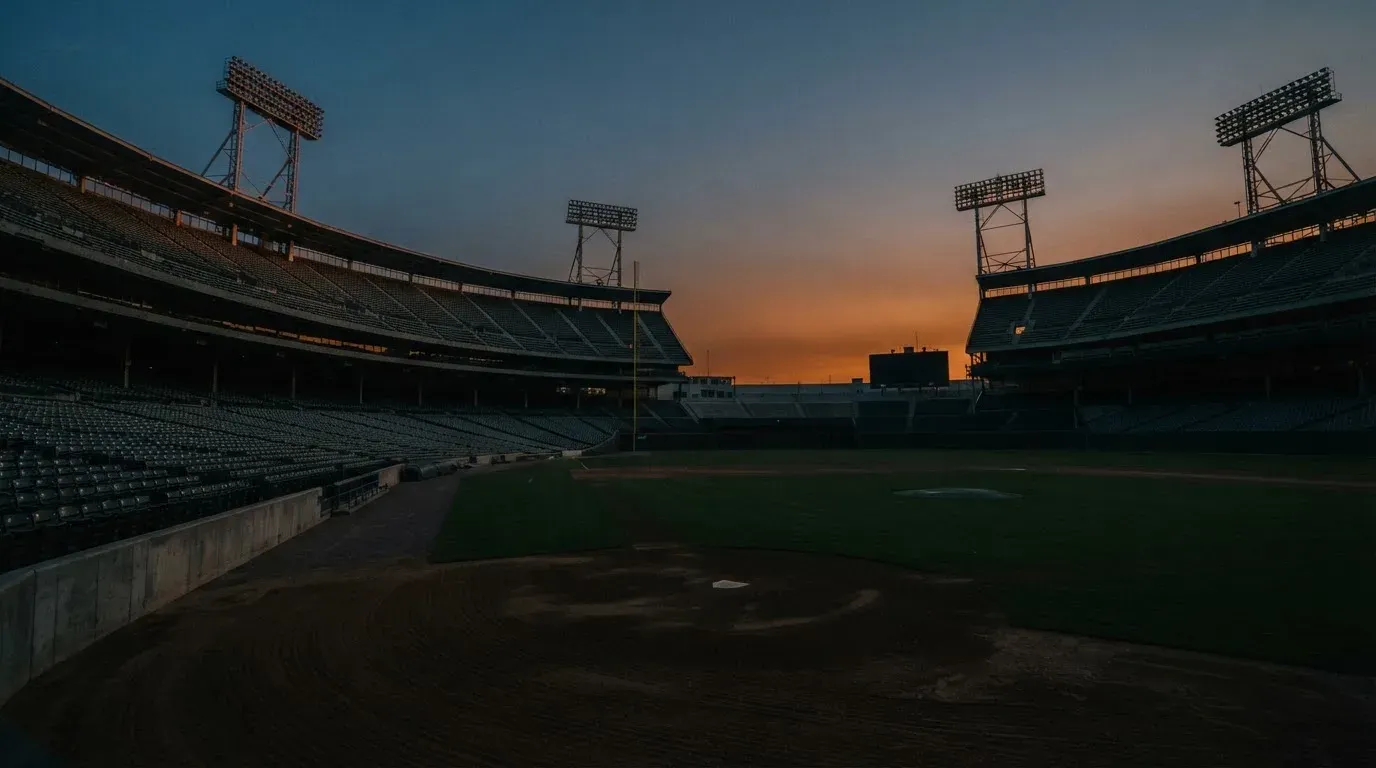 An empty football stadium with floodlight masts at dusk