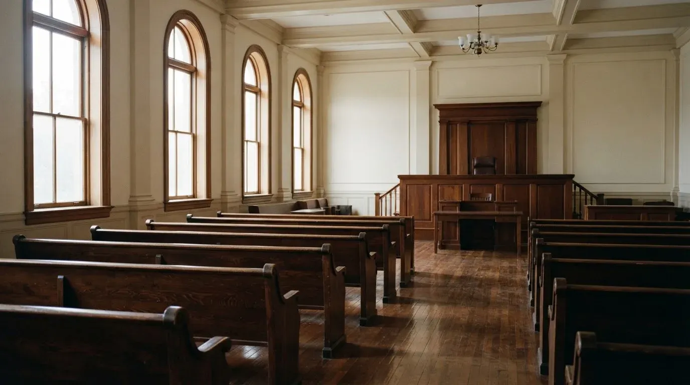 An empty courtroom with wooden benches in morning light