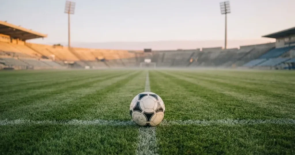 A ball on the centre spot of a grass pitch in morning light
