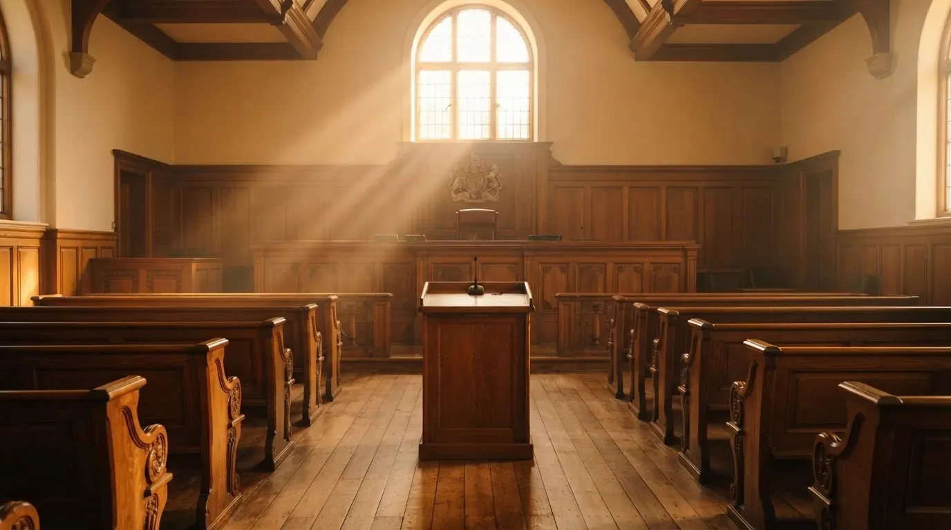 An empty courtroom with wooden benches in morning light