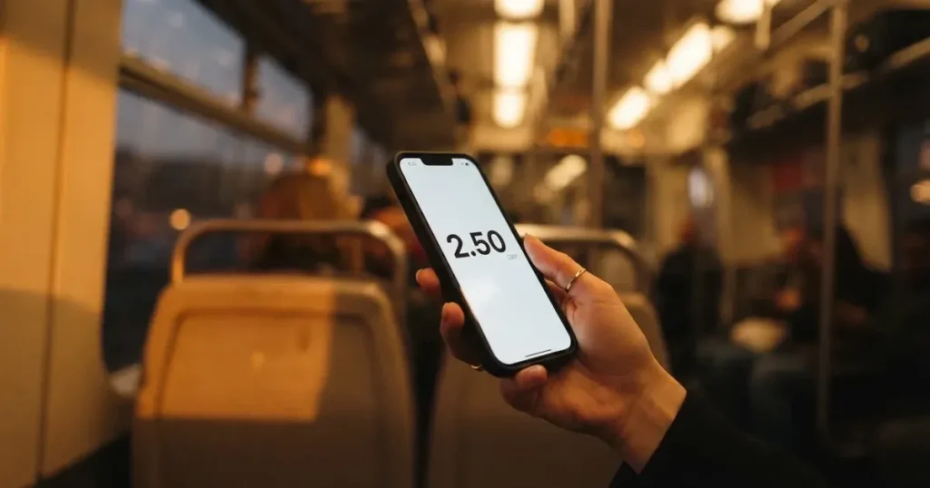 A hand holding a smartphone on a train in the evening, screen turned away