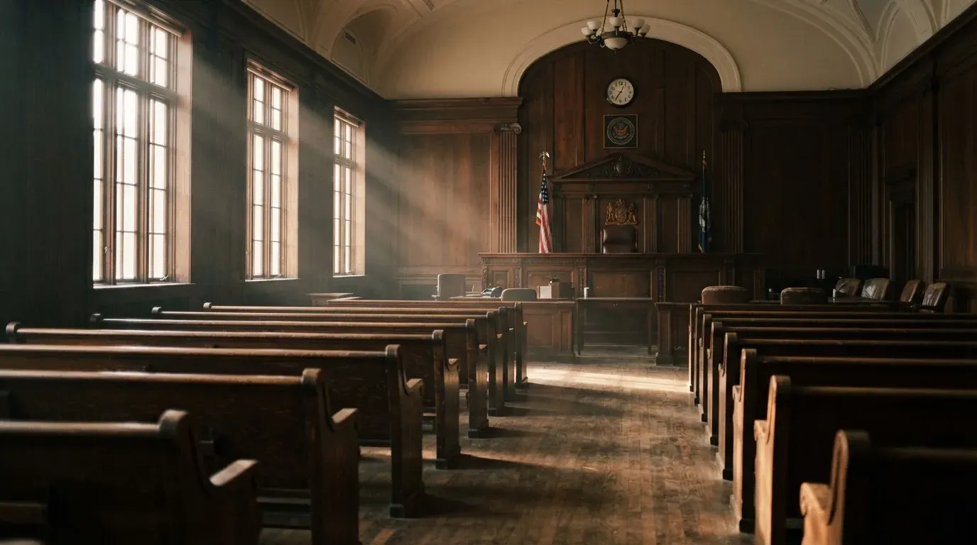 An empty courtroom with wooden benches in morning light