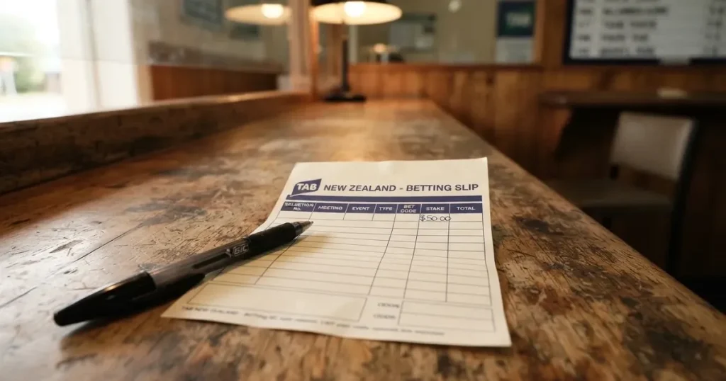 A blank paper betting slip beside a pen on a wooden counter