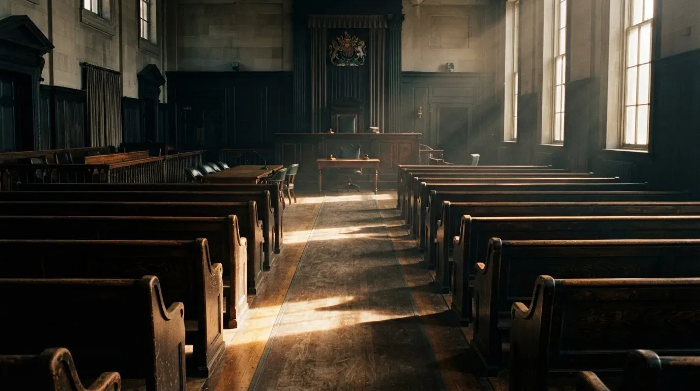 An empty courtroom with wooden benches in morning light