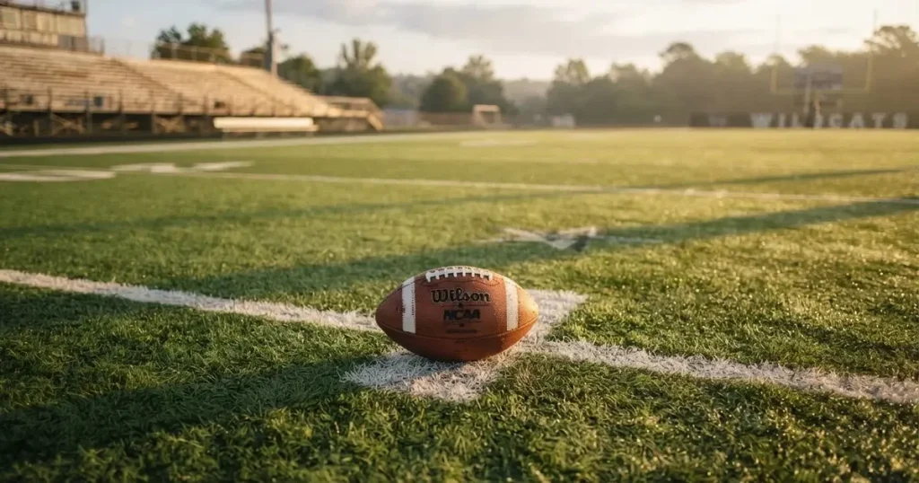 A ball on the centre spot of a grass pitch in morning light