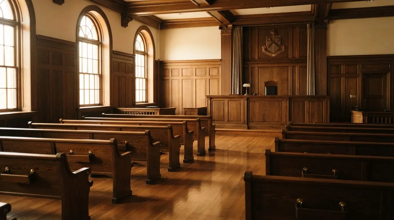 An empty courtroom with wooden benches in morning light