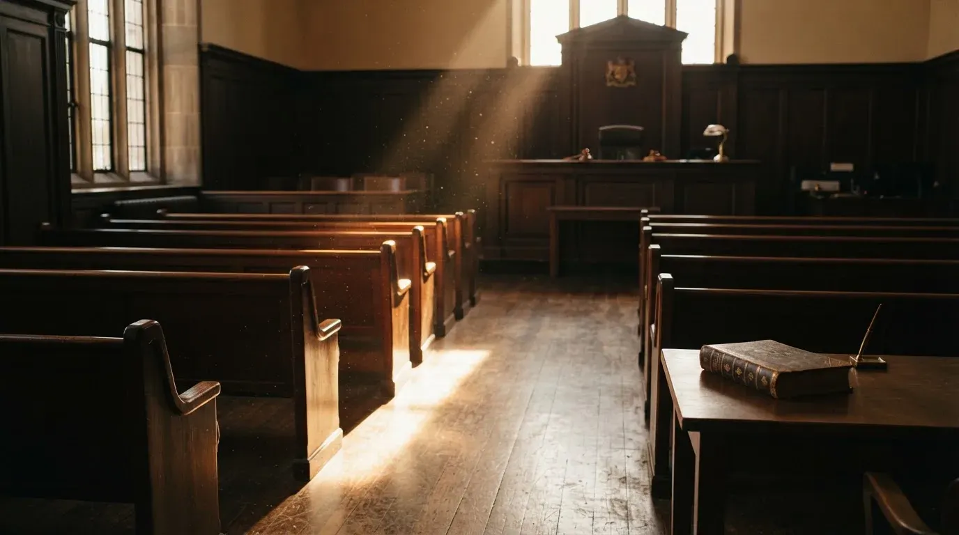 An empty courtroom with wooden benches in morning light