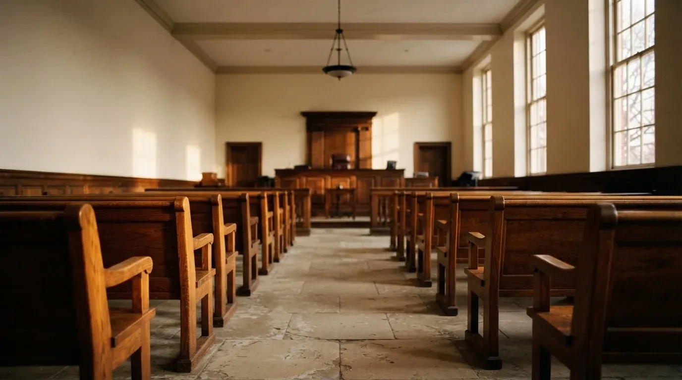 An empty courtroom with wooden benches in morning light