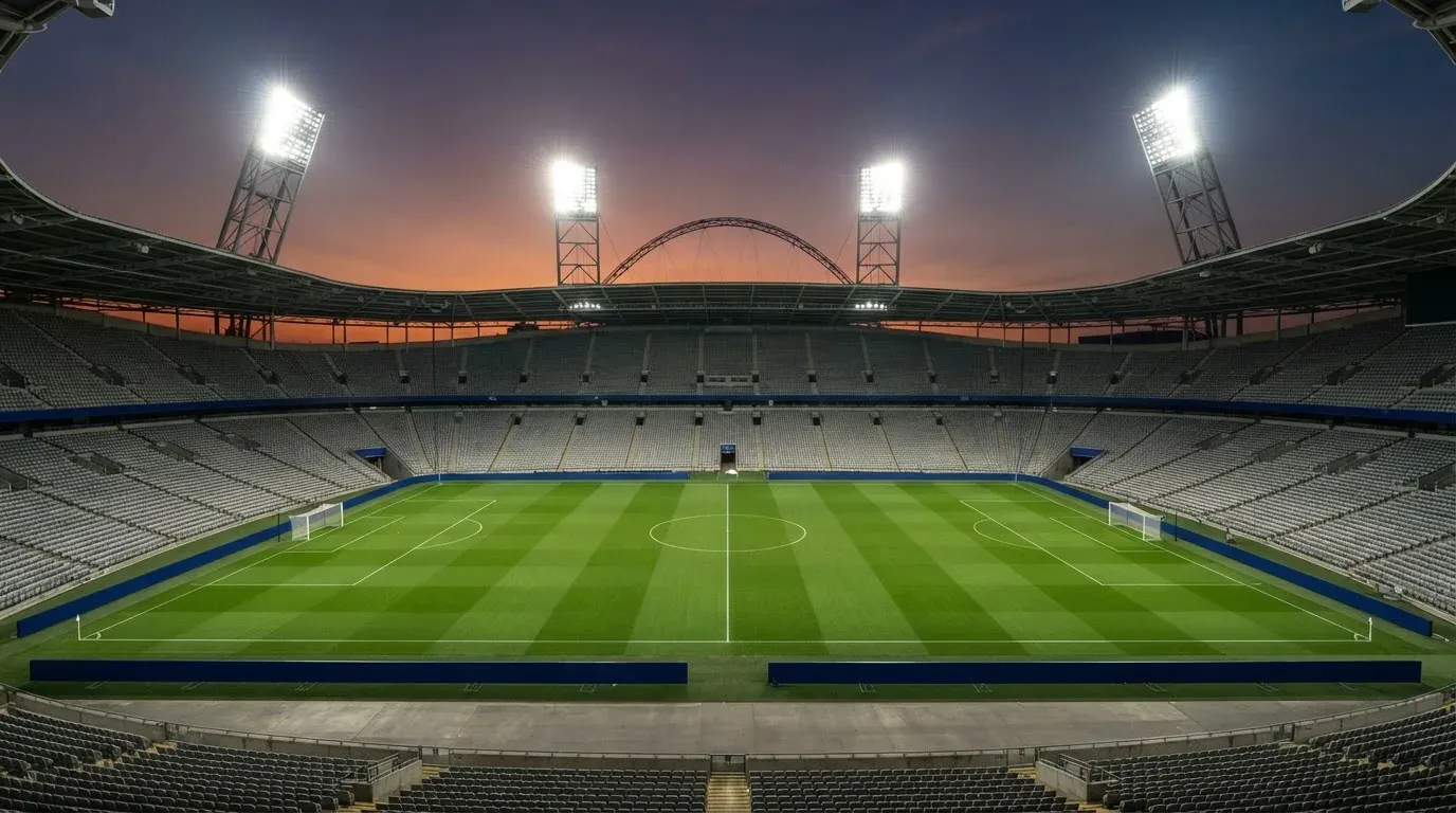 An empty football stadium with floodlight masts at dusk