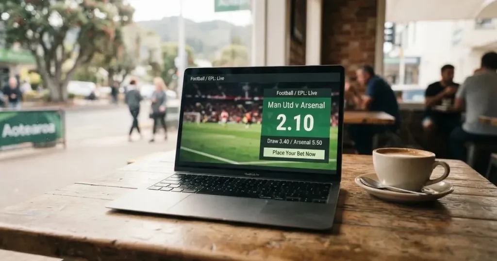A laptop on a café table by a window onto the street