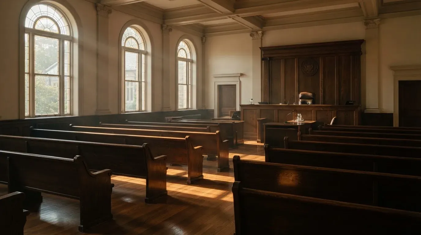 An empty courtroom with wooden benches in morning light