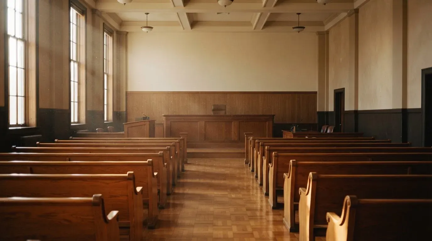 An empty courtroom with wooden benches in morning light