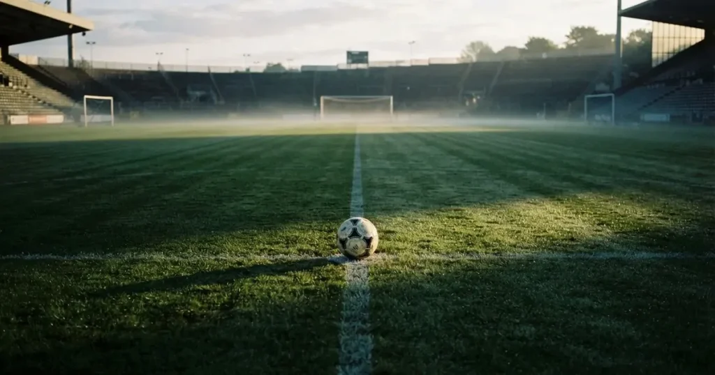 A ball on the centre spot of a grass pitch in morning light