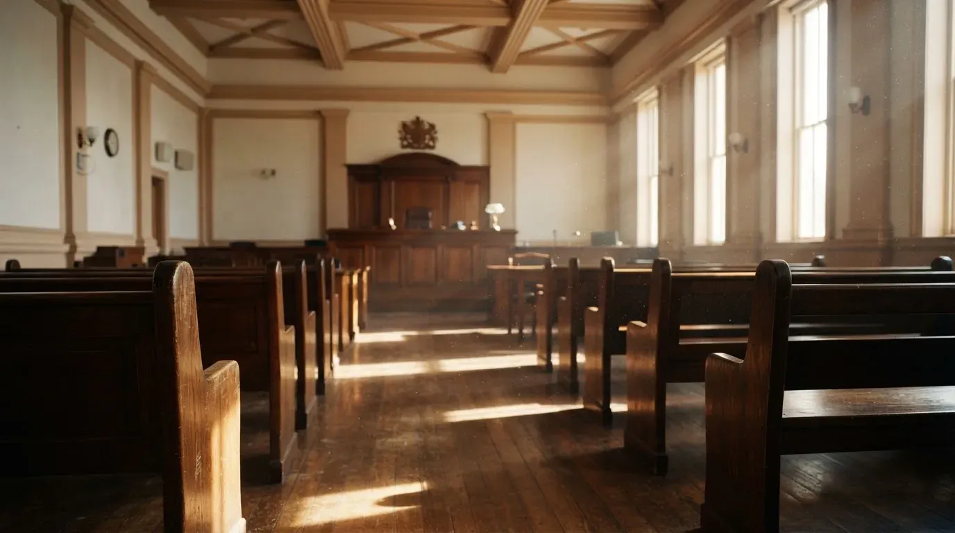 An empty courtroom with wooden benches in morning light