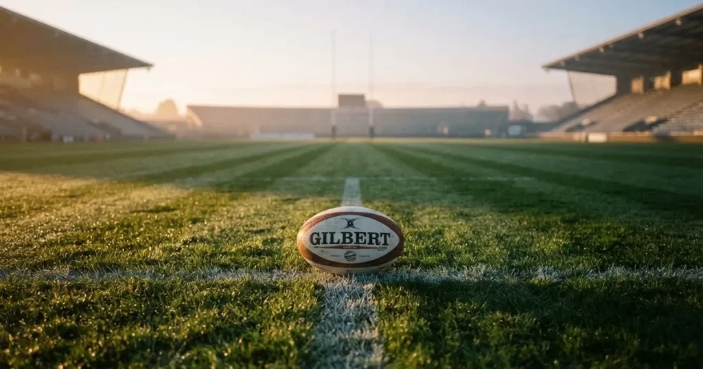 A ball on the centre spot of a grass pitch in morning light