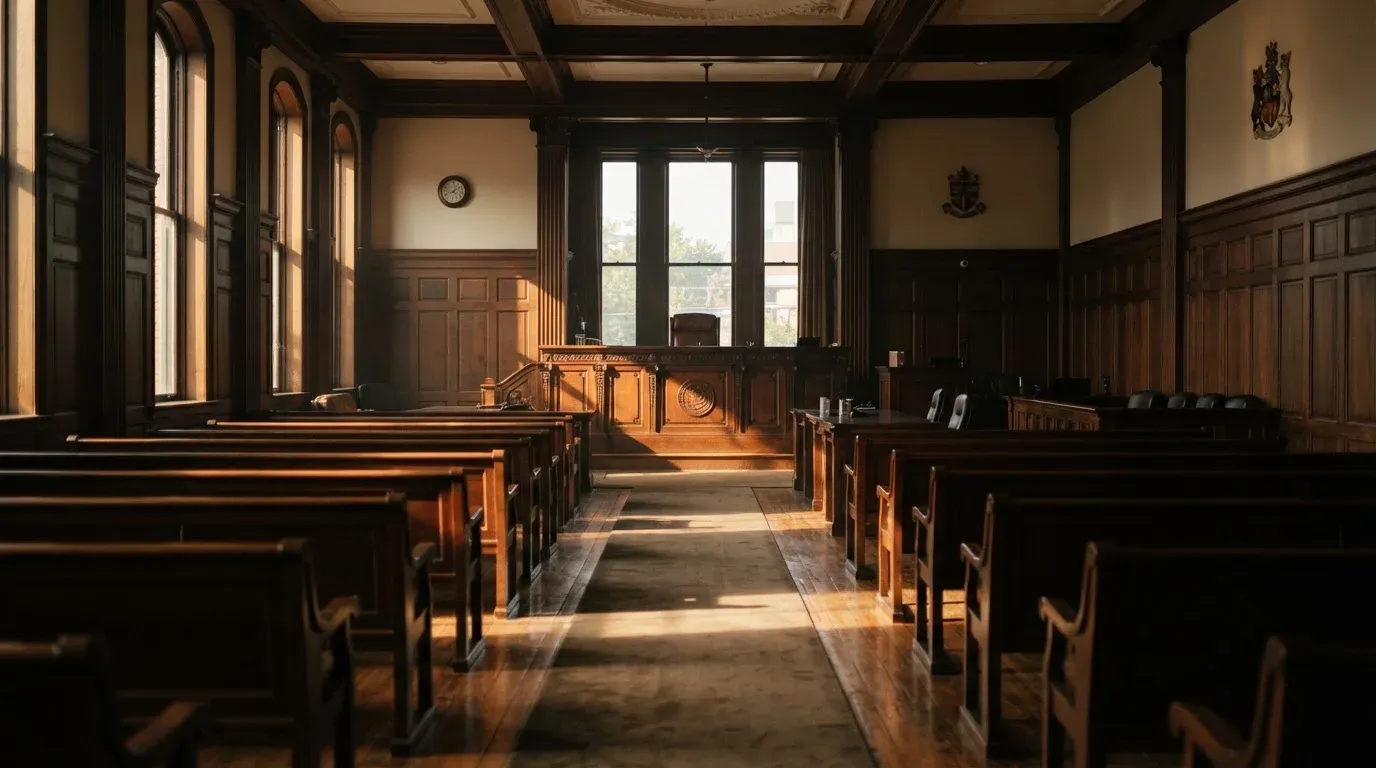 An empty courtroom with wooden benches in morning light