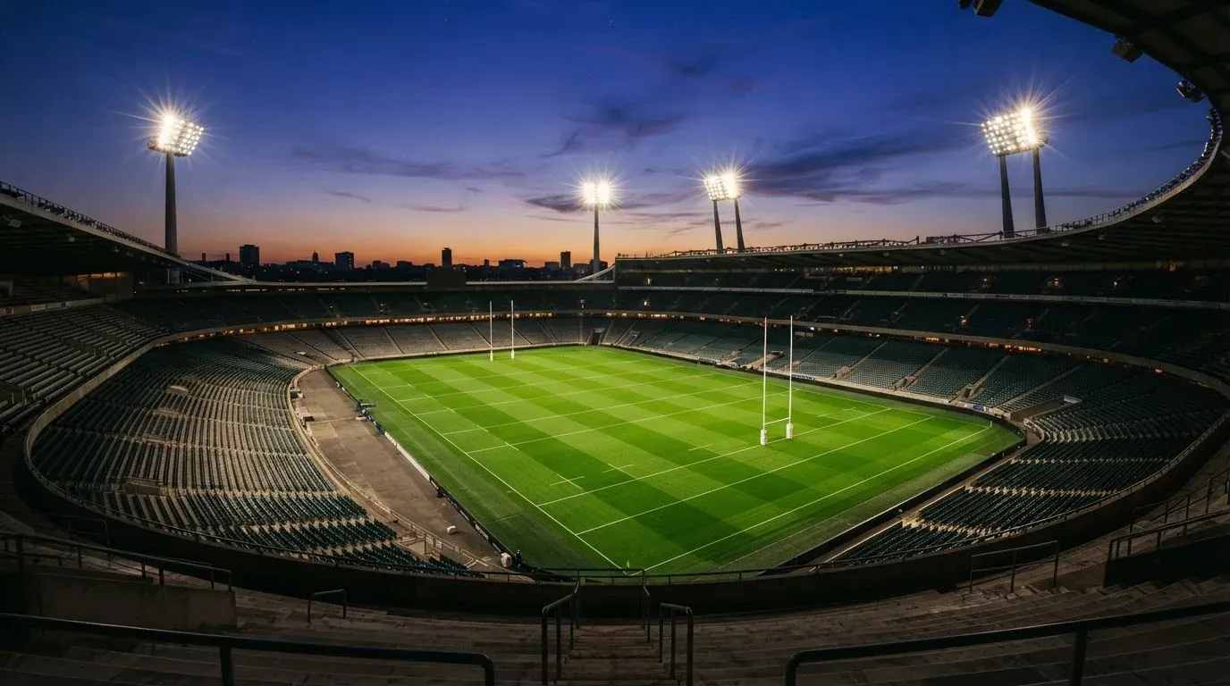 An empty football stadium with floodlight masts at dusk