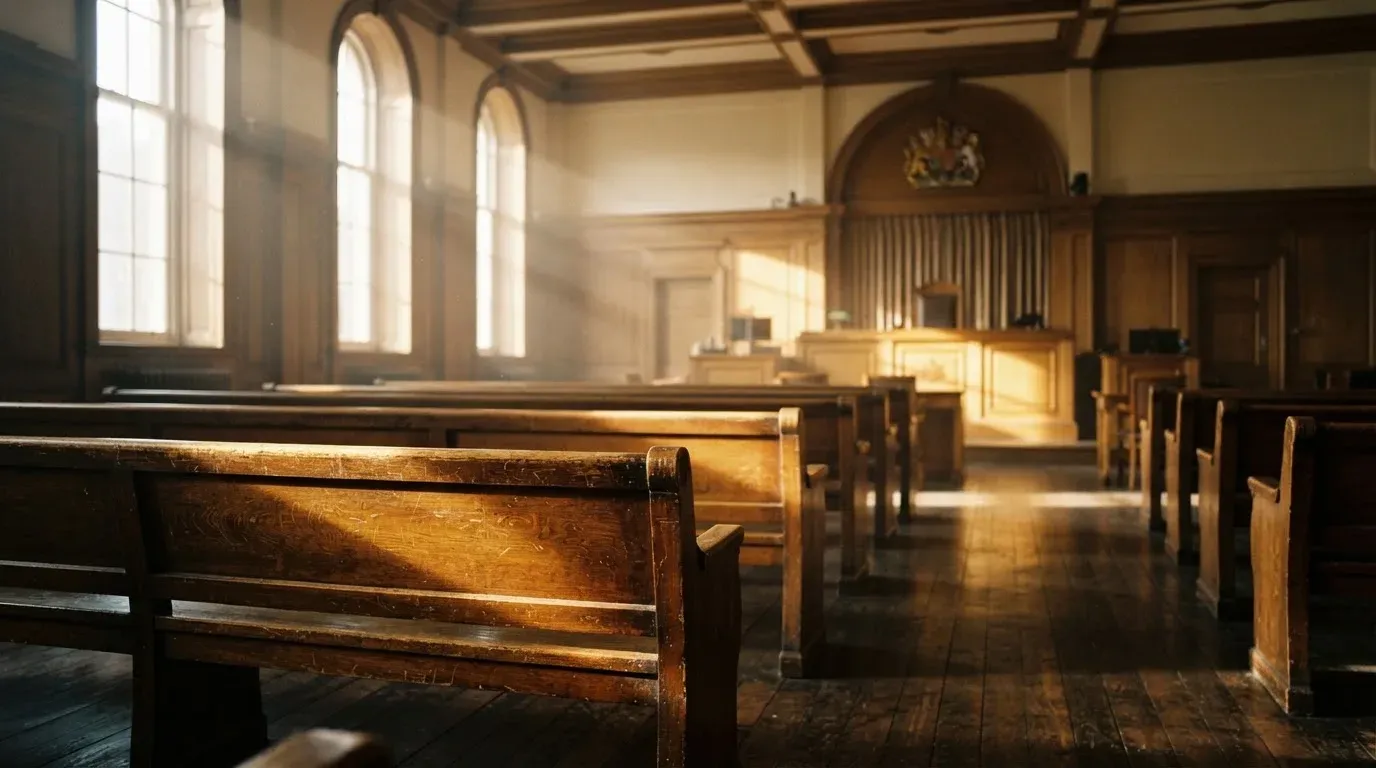 An empty courtroom with wooden benches in morning light