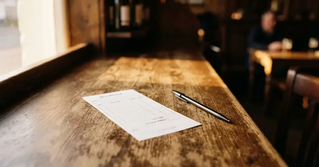 A blank paper betting slip beside a pen on a wooden counter