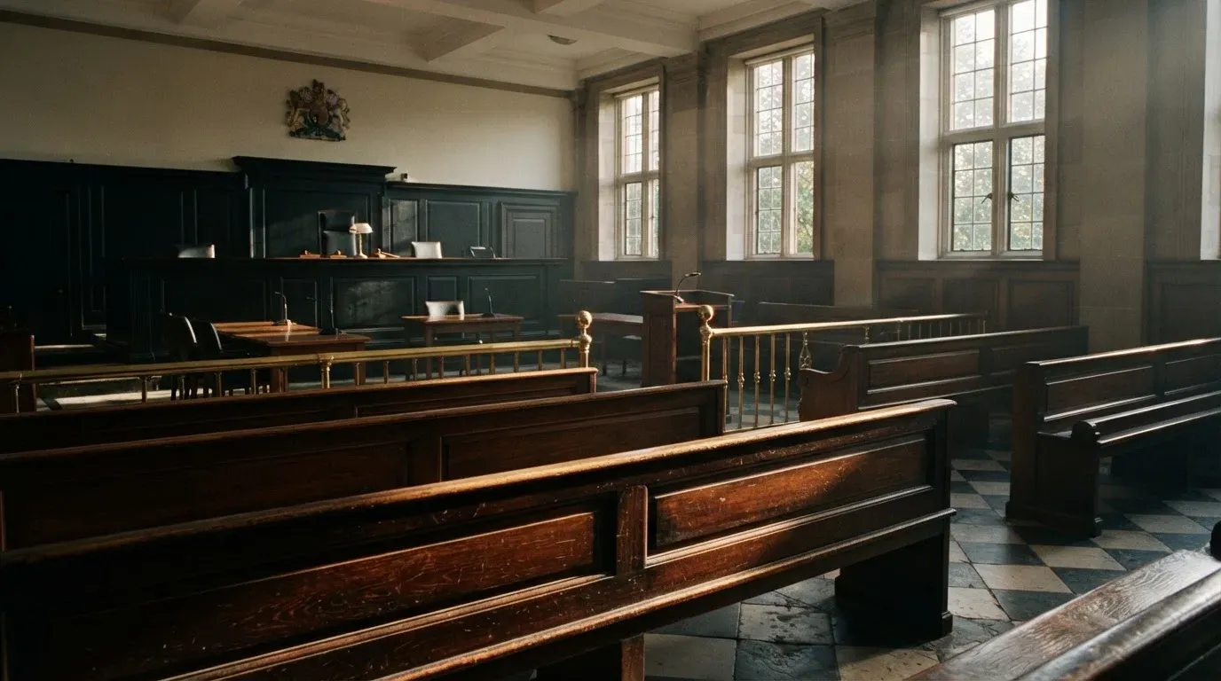 An empty courtroom with wooden benches in morning light
