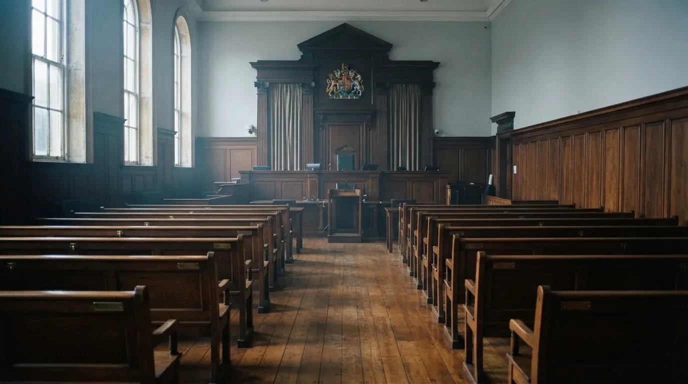 An empty courtroom with wooden benches in morning light