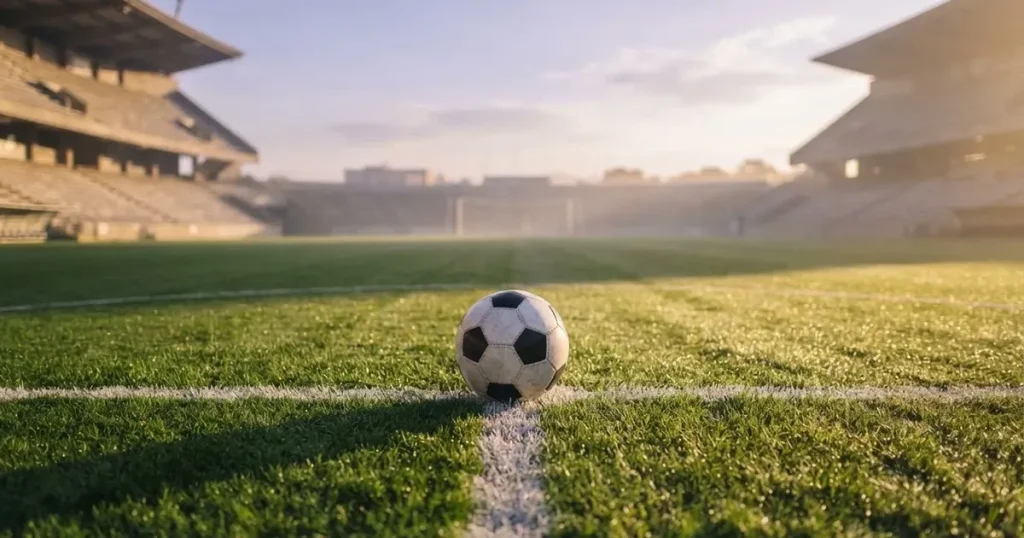 A ball on the centre spot of a grass pitch in morning light