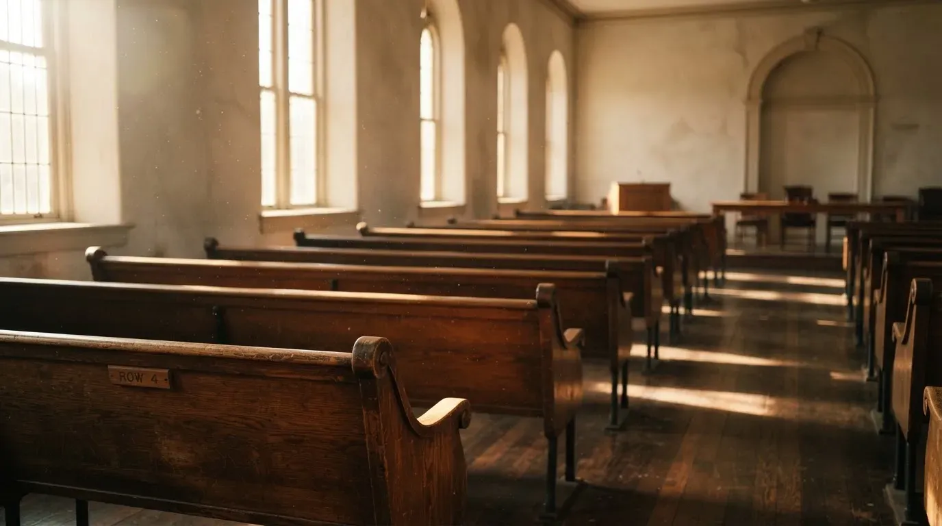 An empty courtroom with wooden benches in morning light