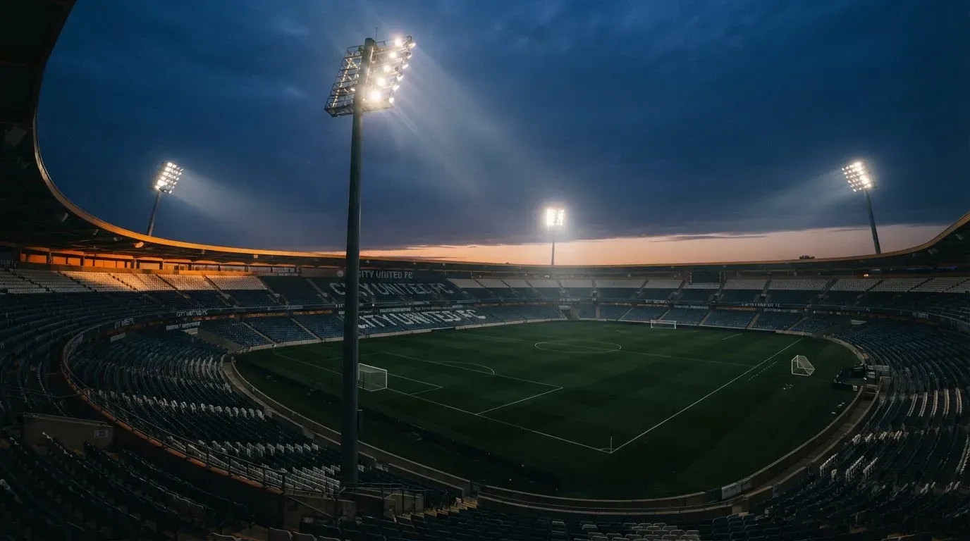 An empty football stadium with floodlight masts at dusk