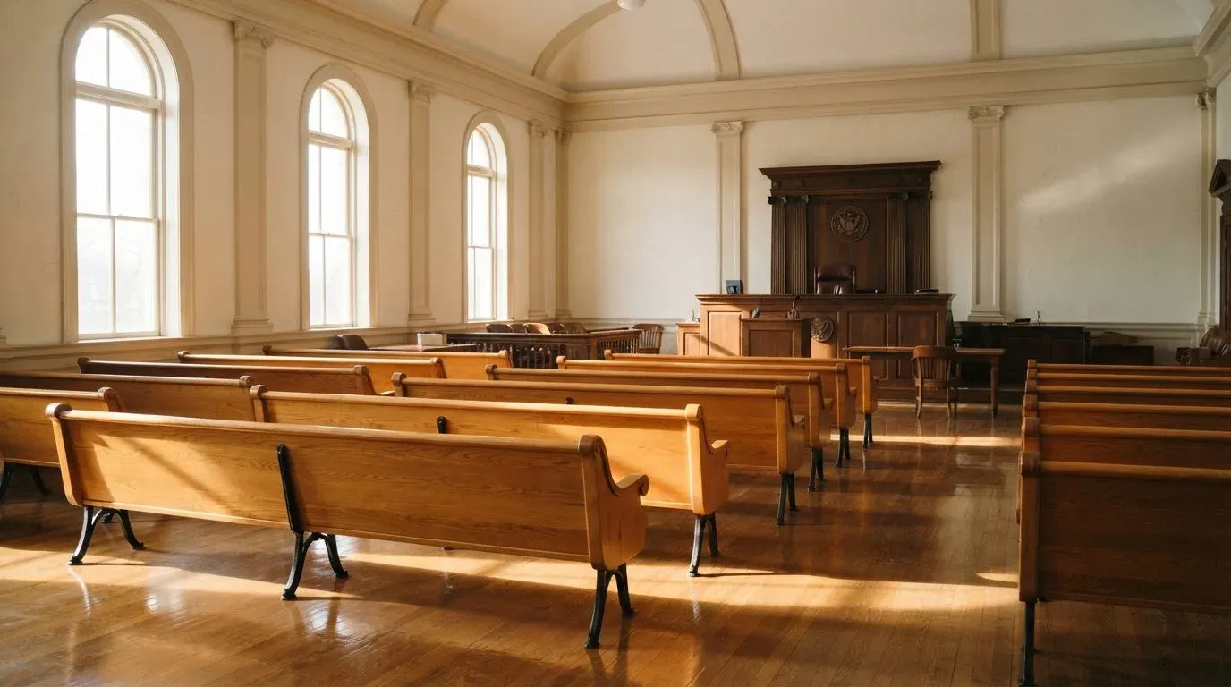 An empty courtroom with wooden benches in morning light