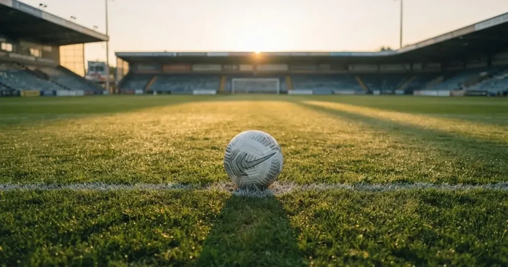 A ball on the centre spot of a grass pitch in morning light