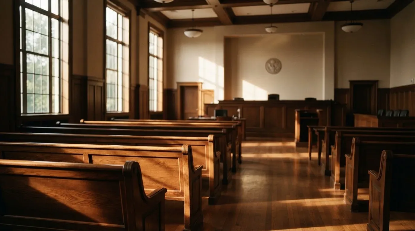 An empty courtroom with wooden benches in morning light