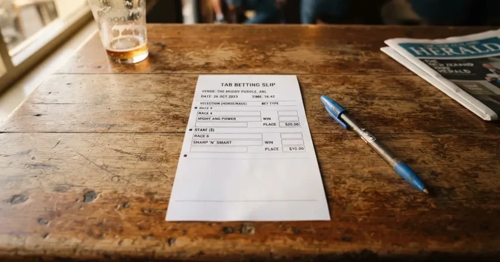 A blank paper betting slip beside a pen on a wooden counter