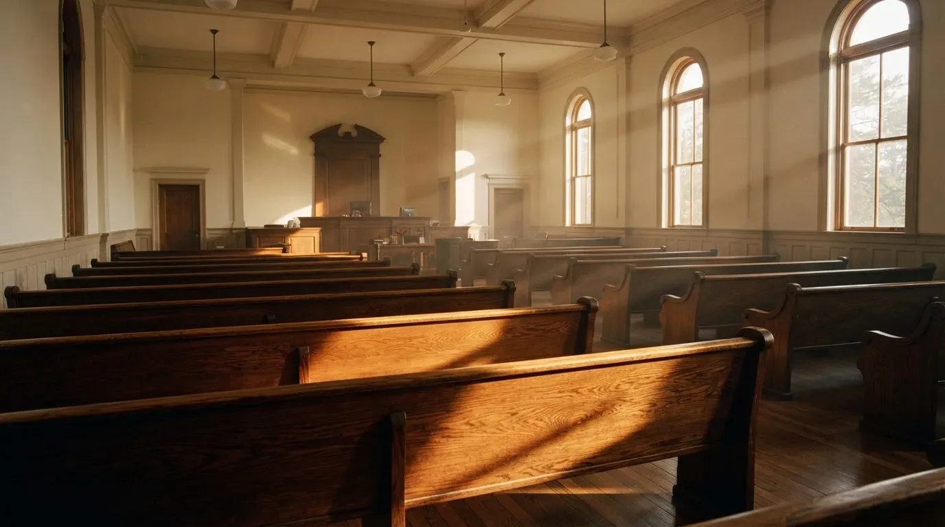 An empty courtroom with wooden benches in morning light