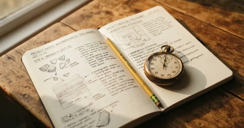 An open notebook with a pencil and a stopwatch on a wooden table