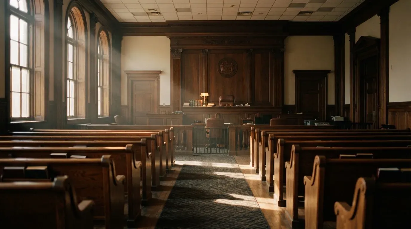 An empty courtroom with wooden benches in morning light