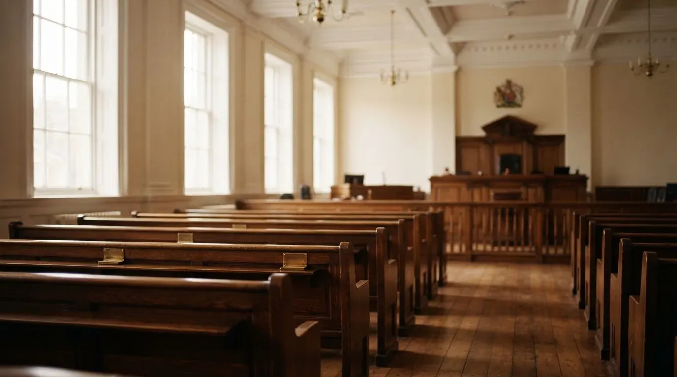 An empty courtroom with wooden benches in morning light