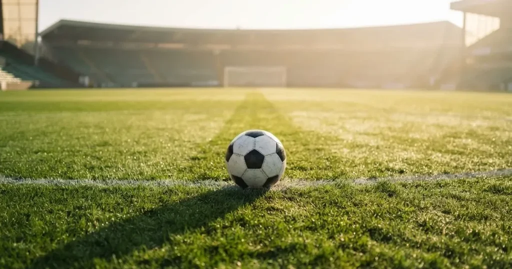 A ball on the centre spot of a grass pitch in morning light