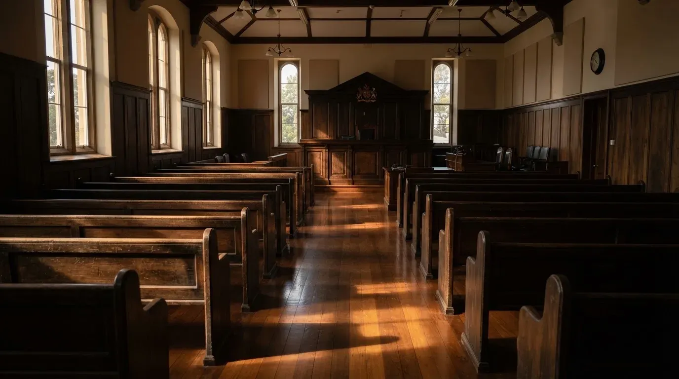 An empty courtroom with wooden benches in morning light