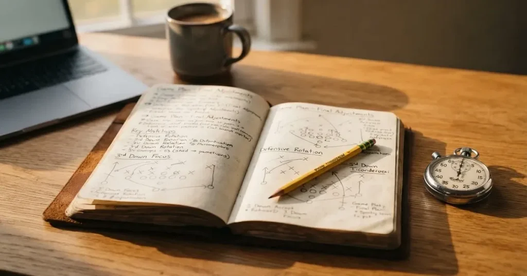 An open notebook with a pencil and a stopwatch on a wooden table