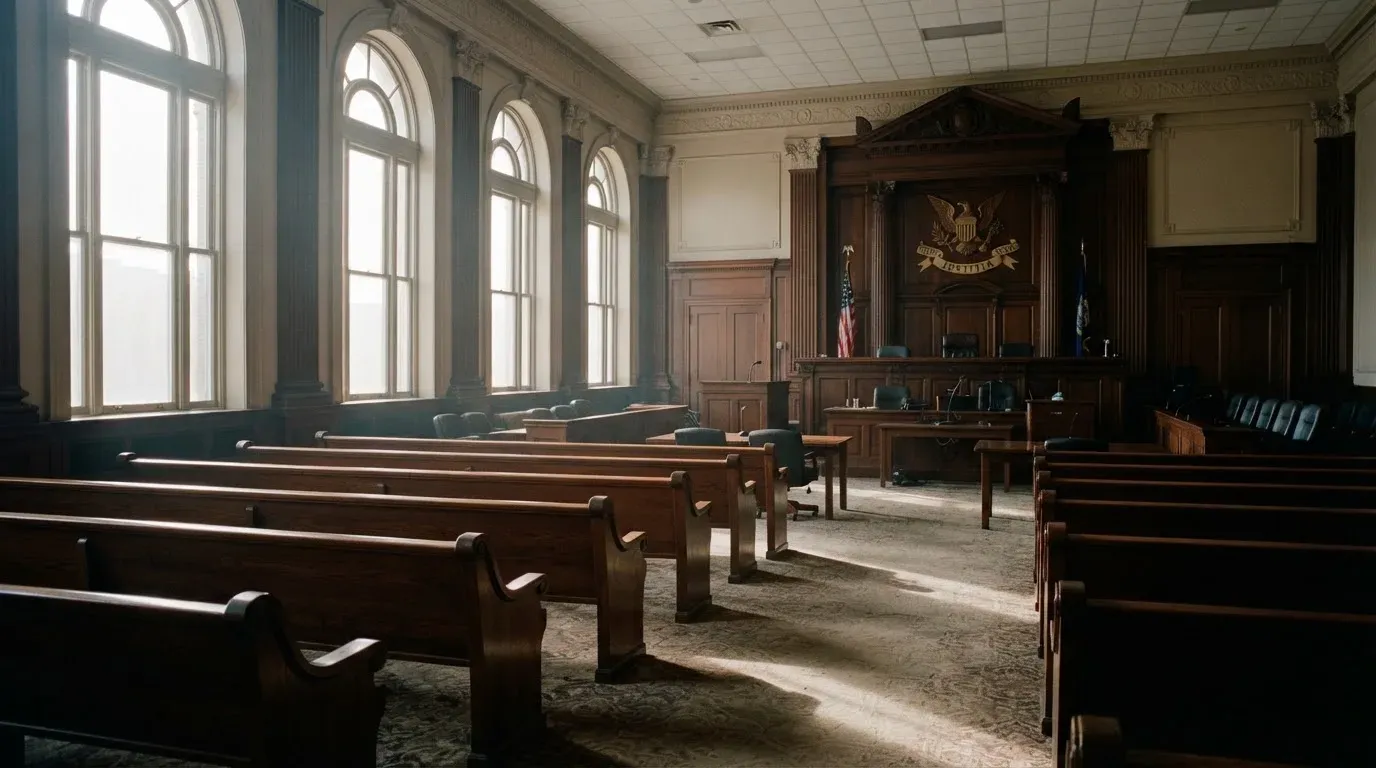 An empty courtroom with wooden benches in morning light