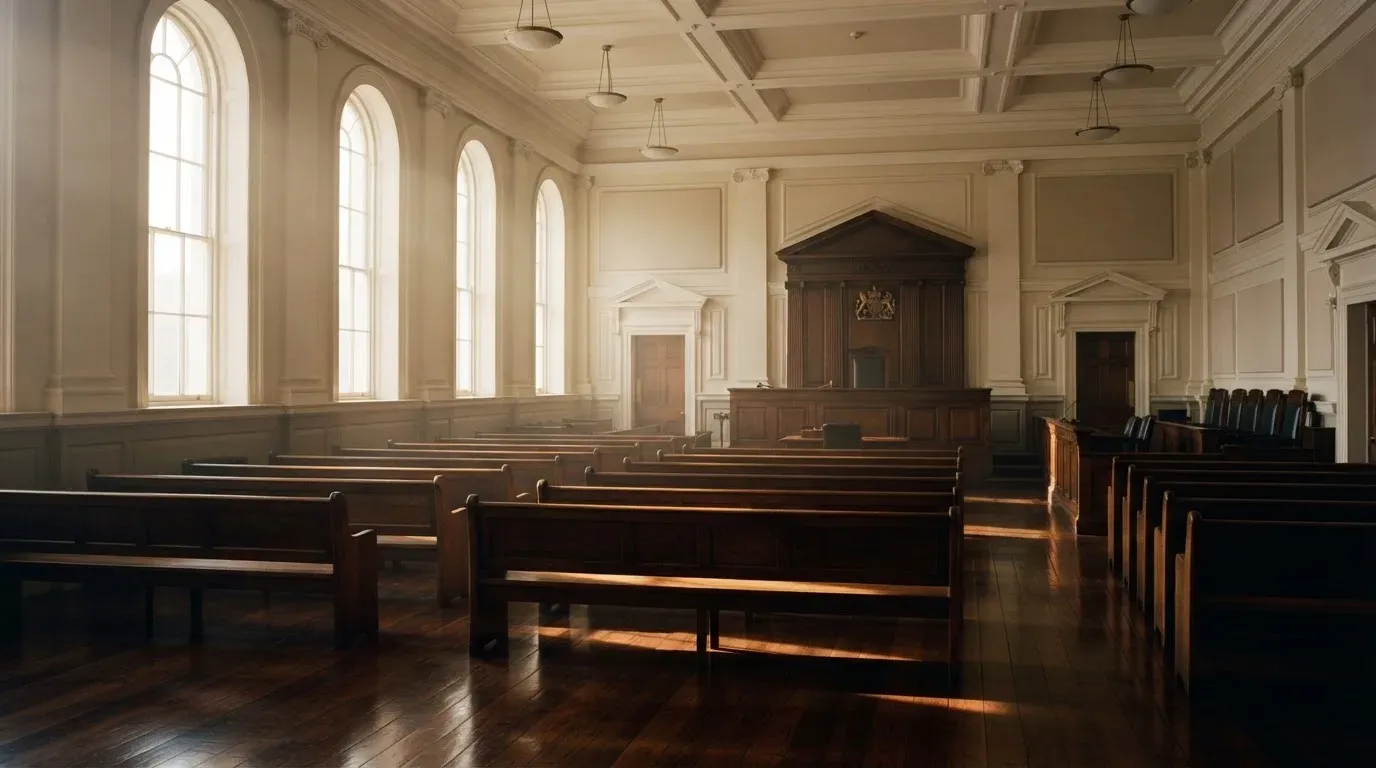 An empty courtroom with wooden benches in morning light