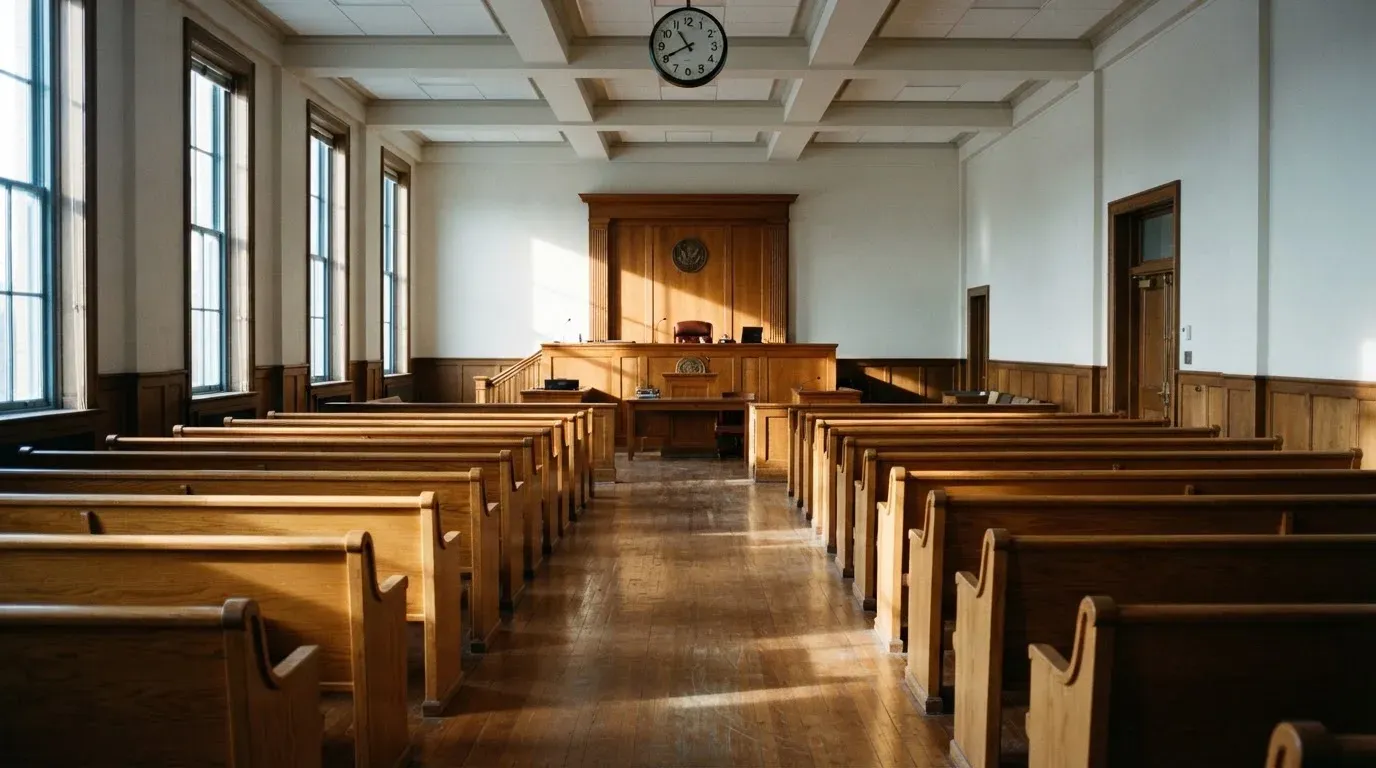 An empty courtroom with wooden benches in morning light