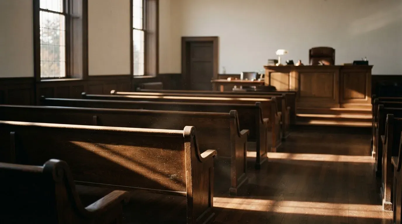An empty courtroom with wooden benches in morning light
